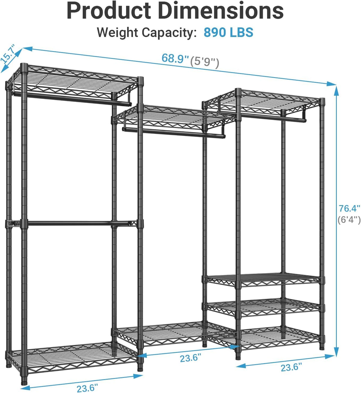 vipek v5 heavy duty clothes rack, freestanding modular showing dimensions