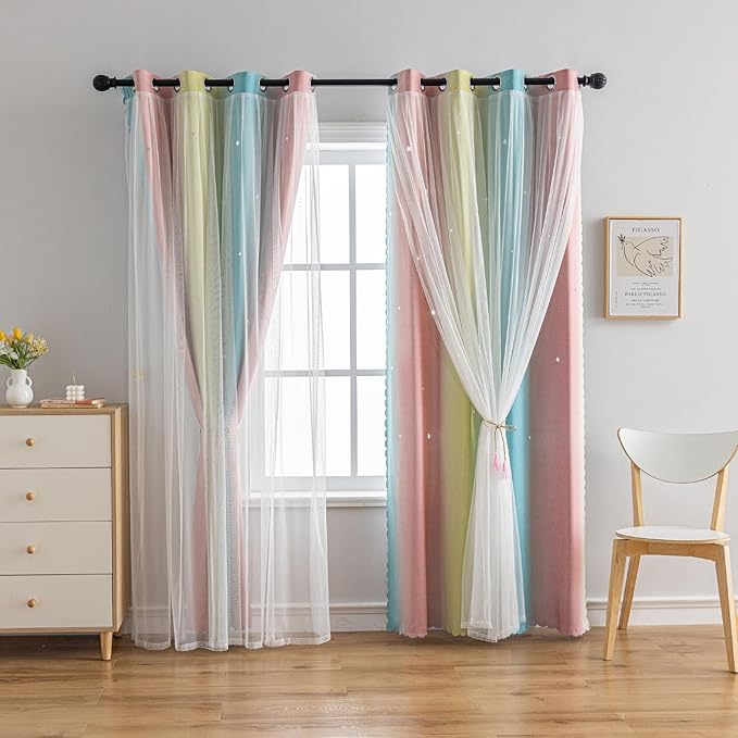 Star Girl and Kids Curtains for Bedroom Rainbow Ombre Double Layer Cute Shot - Image 6