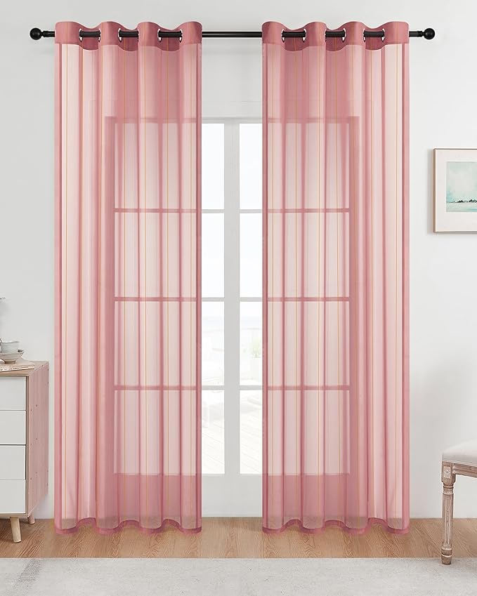 Stripe Pink Sheer Curtains 84 inch Length 2 Panels Grommets Top Semi by MISSTIAM