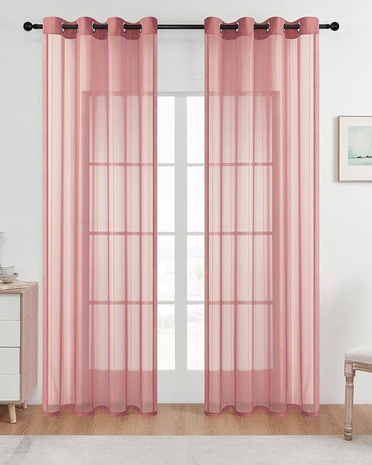 Stripe Pink Sheer Curtains 84 inch Length 2 Panels Grommets Top Semi by MISSTIAM