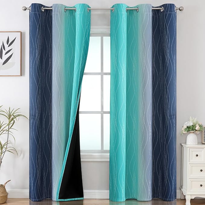 Estelar Textiler Navy Blue and Teal Ombre Blackout Curtains by ESTELARTEXTILER