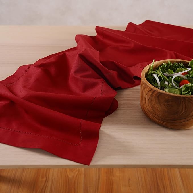 Home Ekaa Cotton Linen Red Table Runner 72 Inches Long – Washable Hemstitch 14 - Image 2