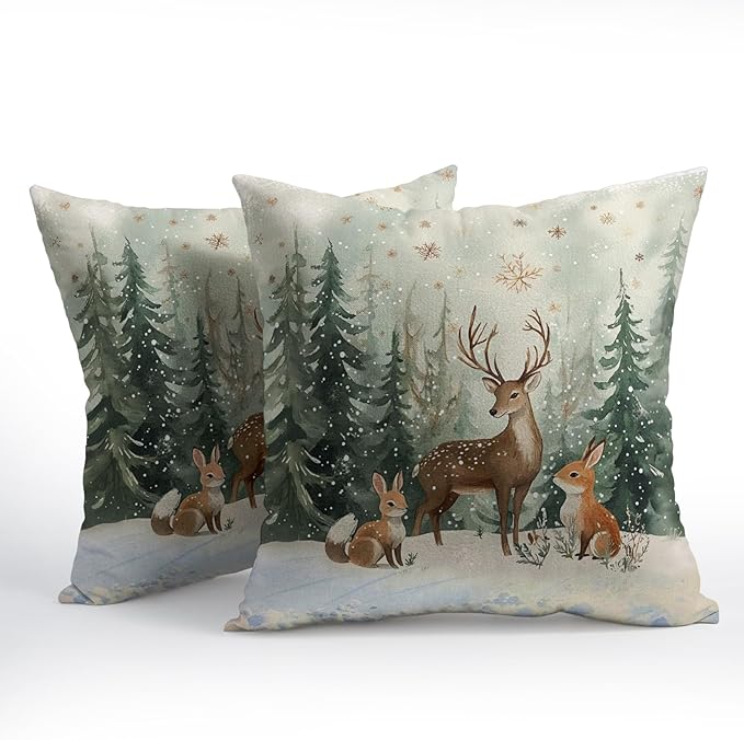Xmas Reindeer Throw Pillow Cover 24x24 Inch Set of 2 Winter Trees Snowflake - Image 2