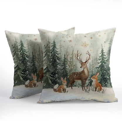 Xmas Reindeer Throw Pillow Cover 20x20 Inch Set of 2 Winter Trees Snowflake - Image 2