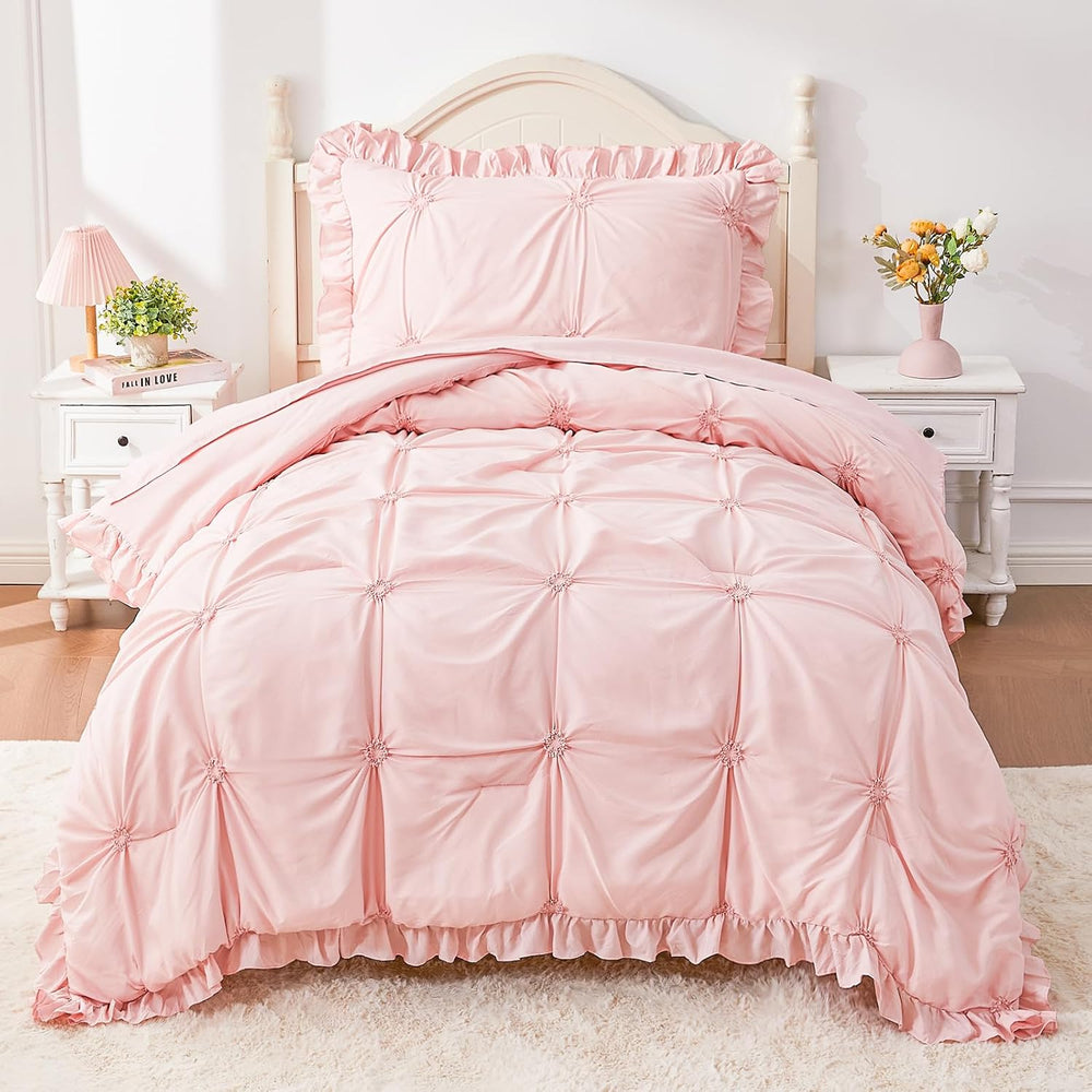 Twin Comforter Set for Girls, Boho Pintuck Bedding Comforter Sets, 4 Pieces R...