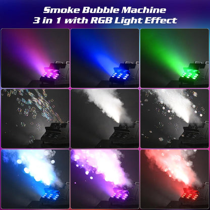 2000W Fog Machine, 3 in 1 Fog Bubble Machine with 2 Bubble Fans, 18 RGB LED Lights Smoke Bubble ALL IN ONE Fog Machine, Bubble Machine for Halloween Christmas Party Wedding Birthday