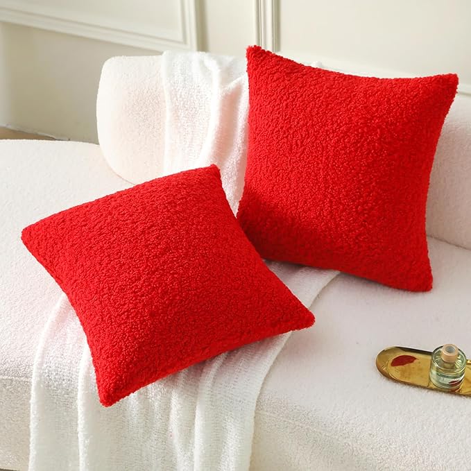 FUTEI Christmas Red Throw Pillow Covers 18x18 Inch Set of 2, Furry Faux Fur - Image 5