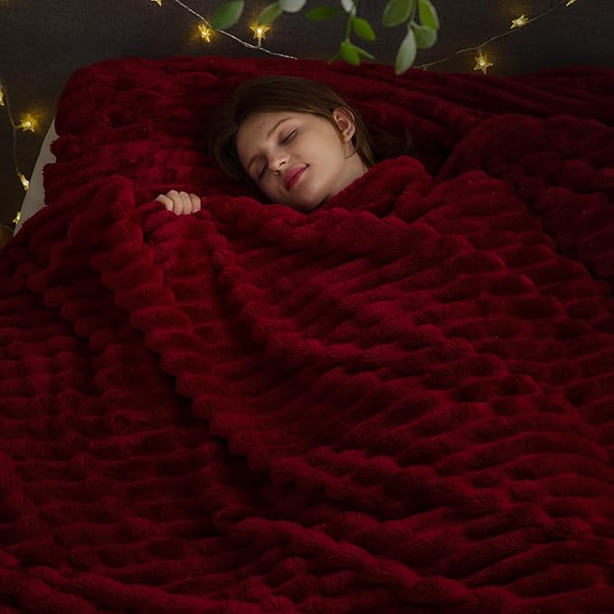 NEWCOSPLAY Super Soft Queen Blanket Red Premium Silky Flannel Fleece 3D Ribbed - Image 2