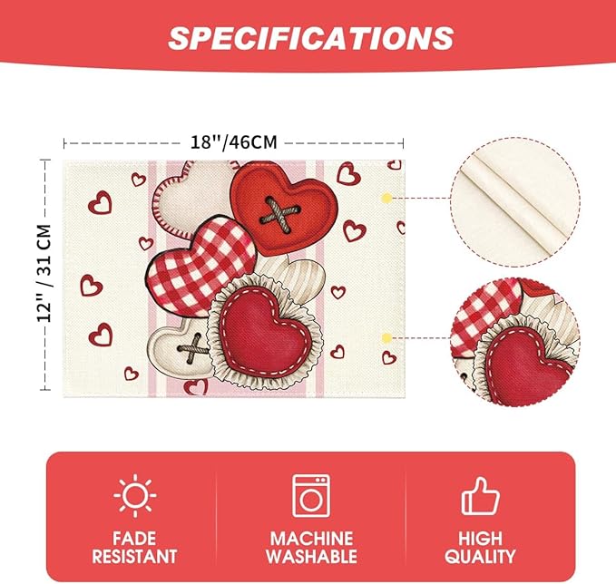 Artoid Mode Heart-Shaped Buttons Valentine Placemats Set of 4, 12x18 Inch - Image 5