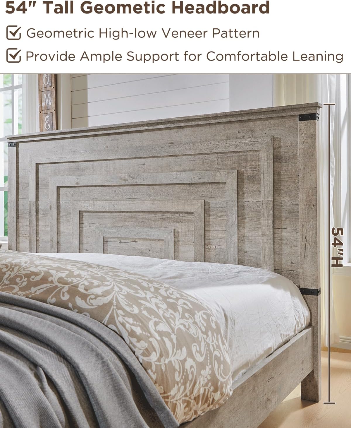 t4tream 54" tall farmhouse queen size bed frame showing dimensions