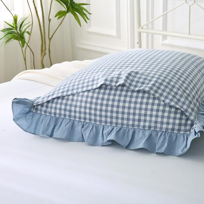 Blue White Plaid Euro Pillow Shams 2 Pack Ruffle Pillowcases, Shabby French - Image 5