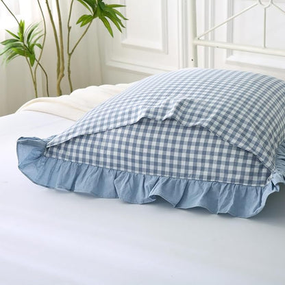 Blue White Plaid Euro Pillow Shams 2 Pack Ruffle Pillowcases, Shabby French - Image 5