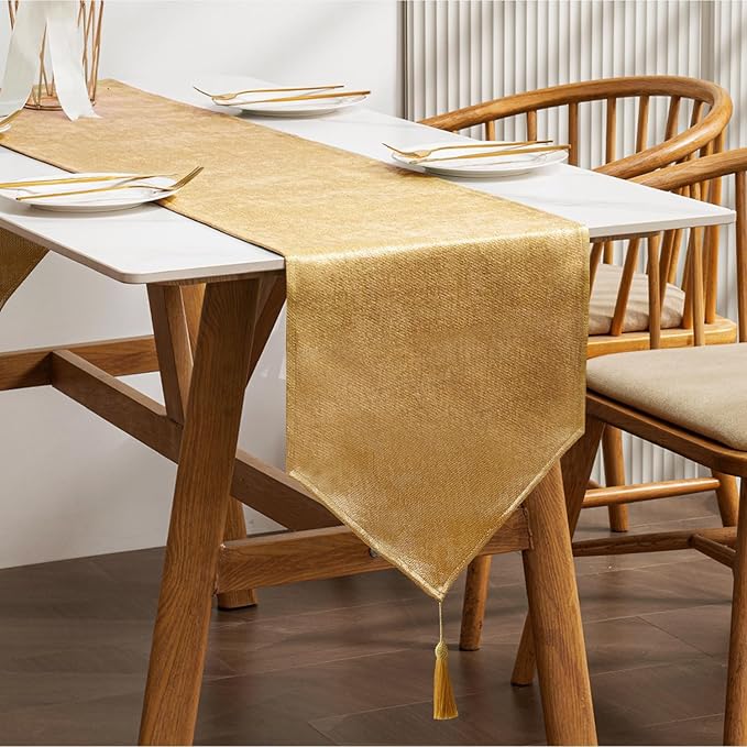 BALCONY & FALCON Gold Table Runner Lustrous Linen 14"x118" Water Resistant by BALCONYFALCON