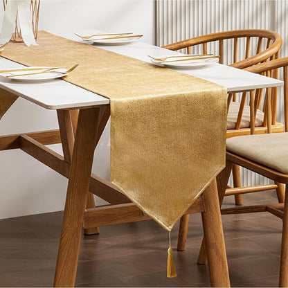 BALCONY & FALCON Gold Table Runner Lustrous Linen 14"x118" Water Resistant by BALCONYFALCON
