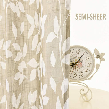 Taupe White Leaf Sheer Curtains - Image 3