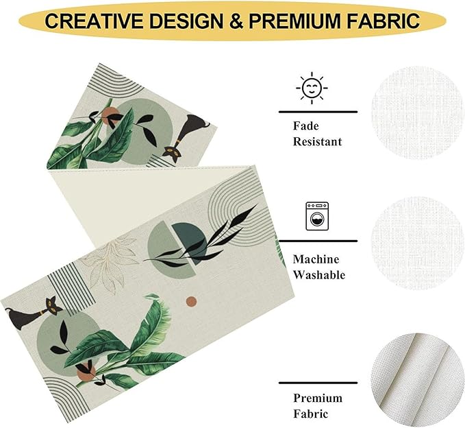 Boho Sage Green Table Runner, Mid Century Modern Black Cat Tropical Plants Palm - Image 5