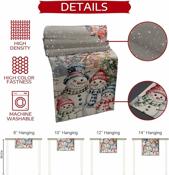 Christmas Table Runner, 13x72 Inch, Snowman Family Table Runners Pine Tree Snow - Image 5