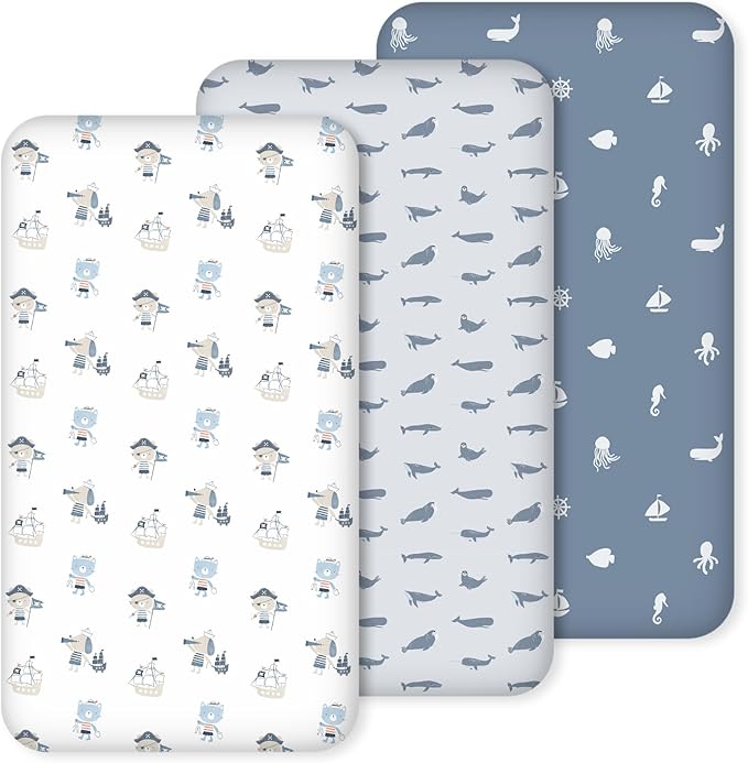 Nap Mat Sheet 47"x24", 3 Pack Blue Ocean Sailor Baby Crib Sheets Fitted Elastic by CivaruaKids