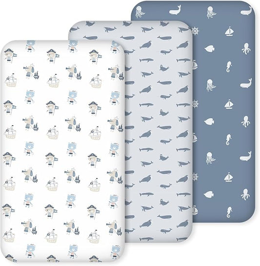 Nap Mat Sheet 47"x24", 3 Pack Blue Ocean Sailor Baby Crib Sheets Fitted Elastic by CivaruaKids