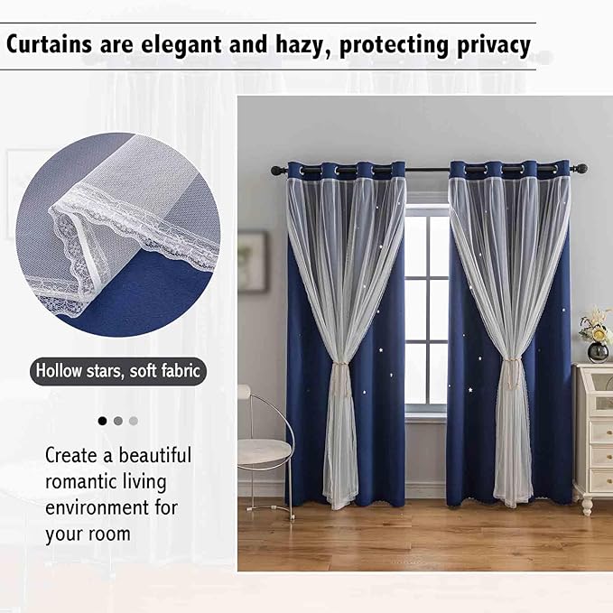 Anytime Romantic Kids Curtain, Hollow-Out Stars Window Curtain Double Layer - Image 7