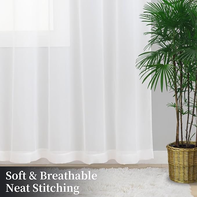 White Sheer Curtains 84 Inches Long 2 Panels, Rod Pocket Short Curtain - Image 8