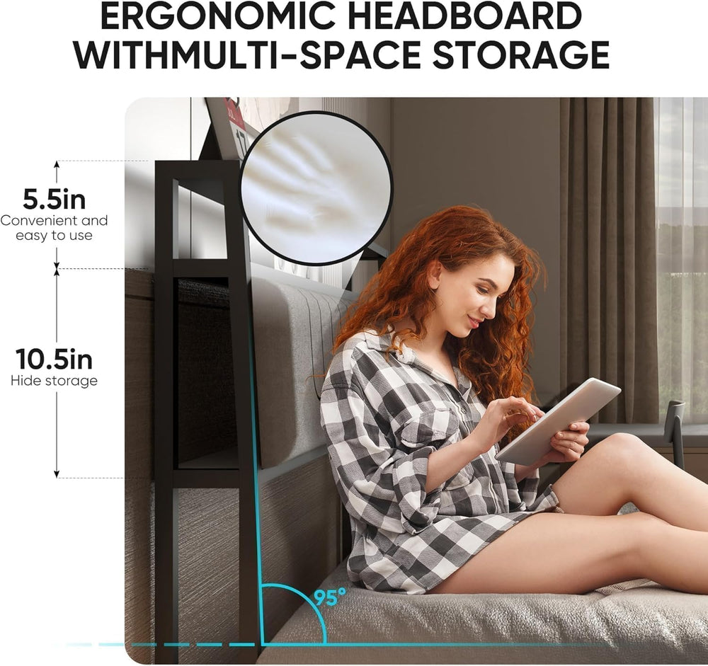 J.Fkne Full Bed Frames with Charging Station and LED Lights, Full Size Platfo...