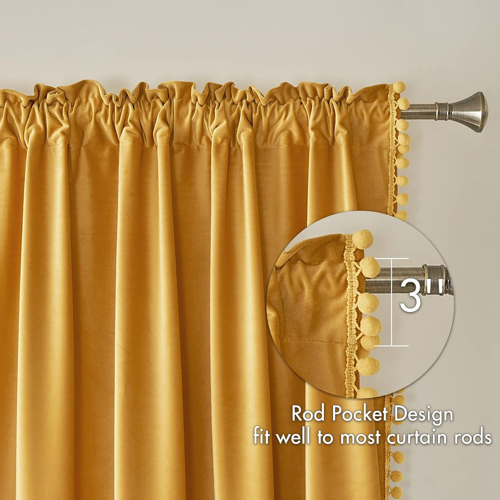 MIULEE Mustard Yellow Pom Pom Velvet Blackout Fall Curtains 2 Panel 52"x...