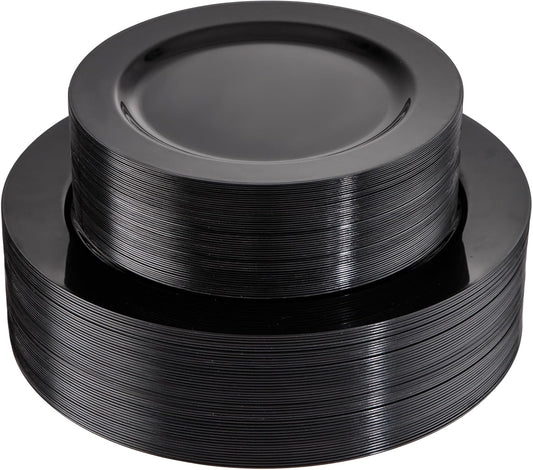FLOWERCAT 100PCS Black Plastic Plates - Heavy Duty Black Disposable Plates for Birthday Party/Wedding/Halloween- serve 50guests 10 inch and 7 inch Set