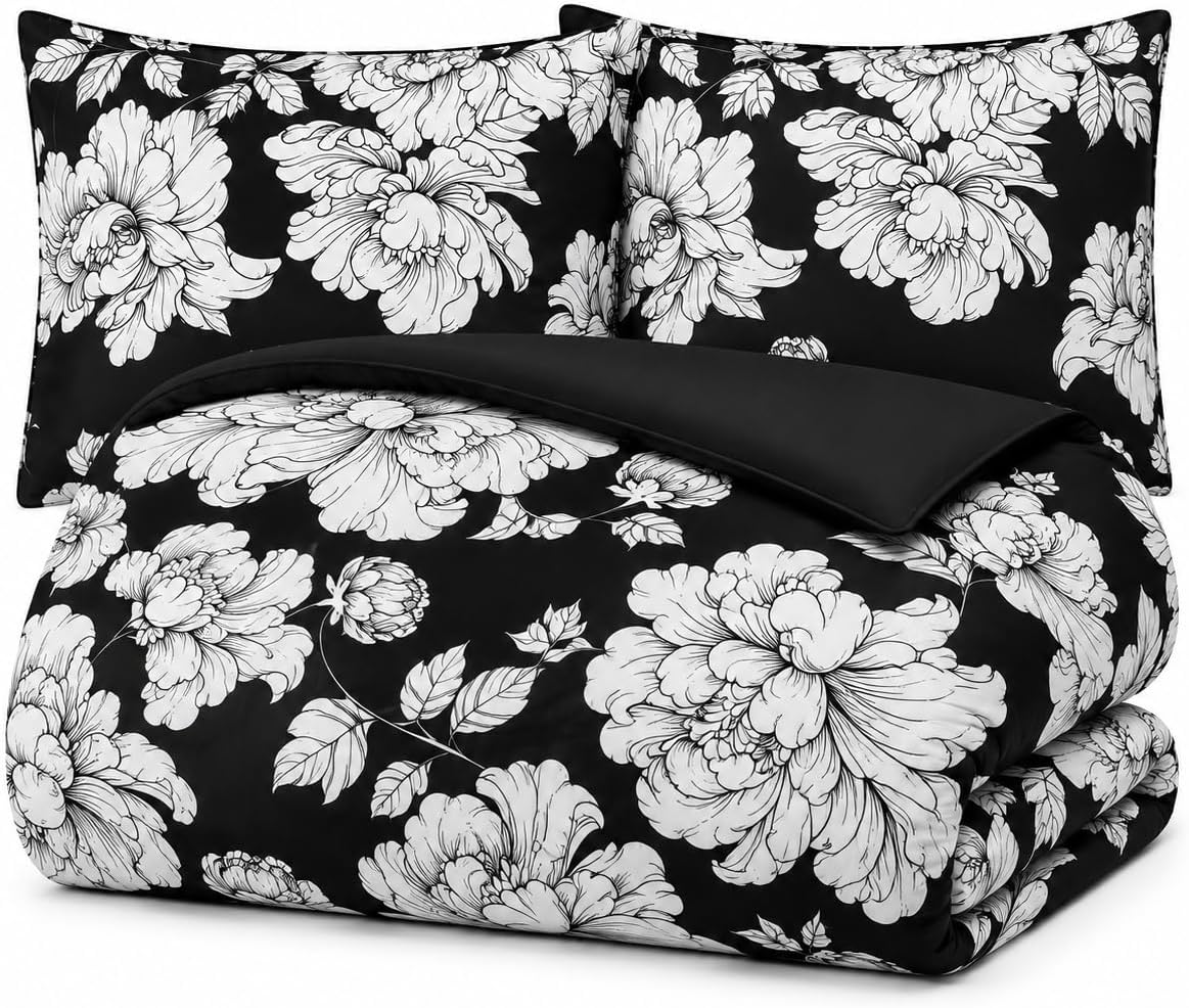 ccoutuechen black white floral comforter set queen size on a desk or shelf