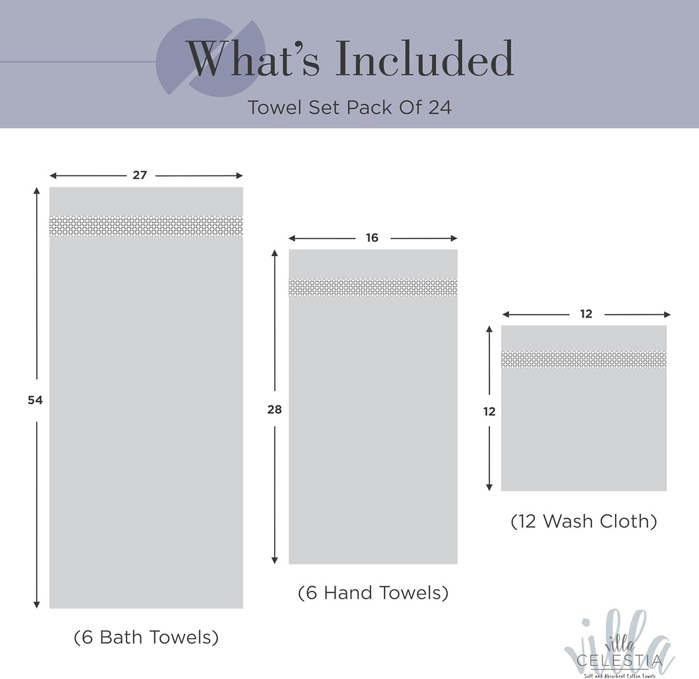 Villa Celestia 24-Piece 100% Cotton Towel Set, 6 Bath Towels, 6 Hand Towels, ...