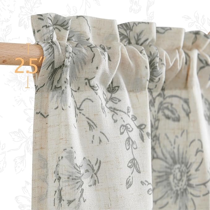 jinchan Floral Linen Tier Curtains 45 Inch Farmhouse Botanic Cafe Drapes - Image 5