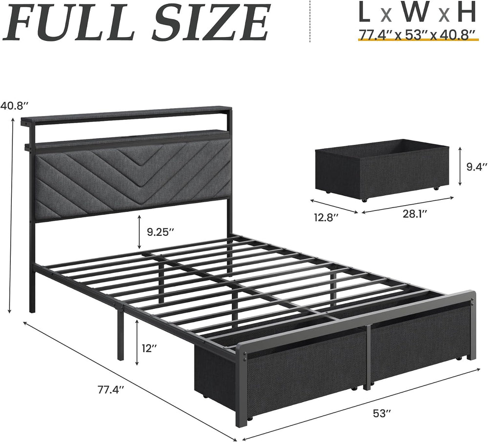 Fluest Full Bed Frame with 2 Drawers, Upholstered Headboard with Storage and ...