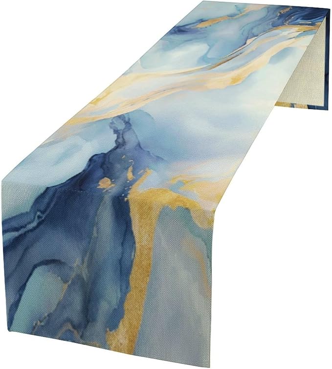 Marble Table Runner, Modern Grey Blue Gold Abstract Table Dresser Runners by ShiTingYu