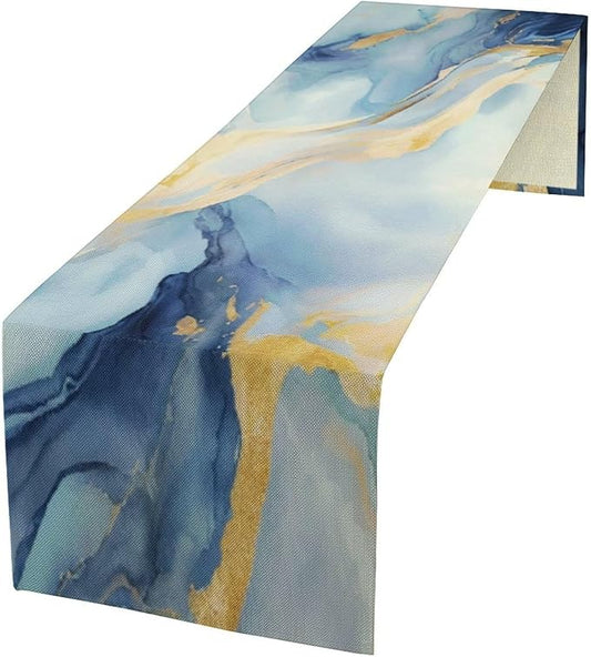 Marble Table Runner, Modern Grey Blue Gold Abstract Table Dresser Runners by ShiTingYu