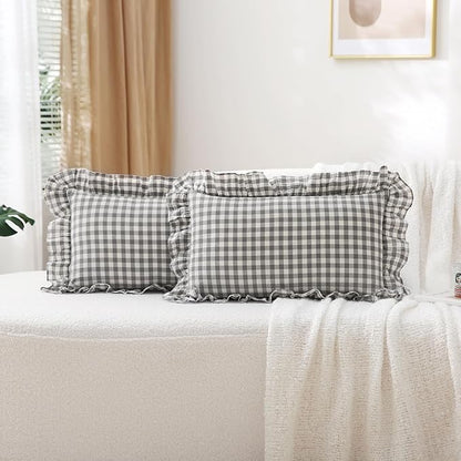 2 Pack Grey White Plaid Ruffle Gingham Lumbar Pillow Covers, 100% Washed Cotton by KMASANIJI