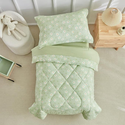 DuShow Green Floral Toddler Bedding Set, 4 Pieces Toddler Crib Bed Sheet Set - Image 5