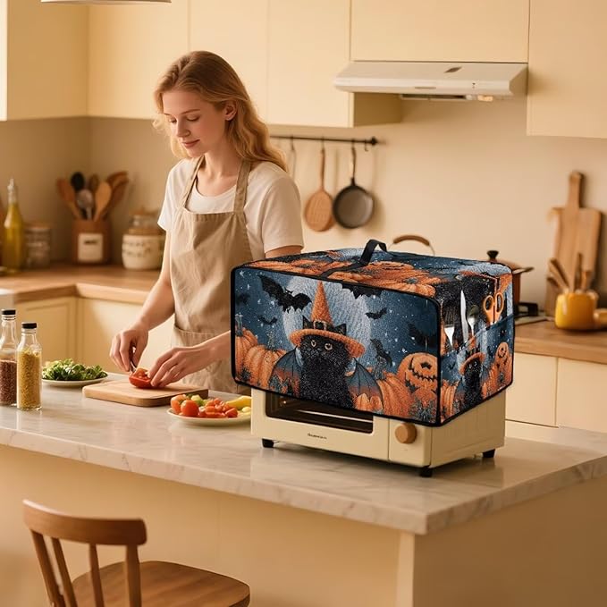 Bat Cat Pumpkin Moon Print Toaster Oven Cover Dust-Proof Microwave Oven Grill - Image 3