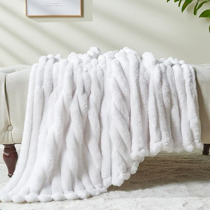 NEWCOSPLAY Super Soft King Blanket White Premium Silky Flannel Fleece 3D Ribbed - Image 8