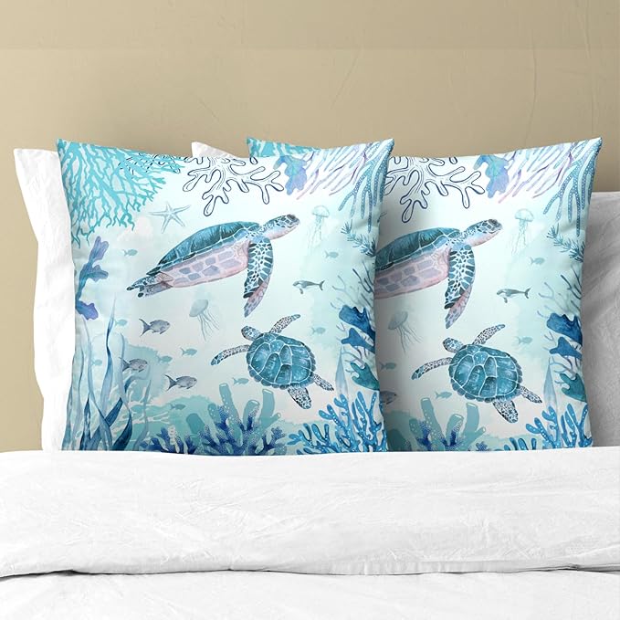 Set of 2 Sea Turtle Throw Pillow Cover 20x20 inch Nautical Coastal Ocean Coral - Image 3
