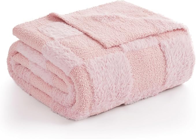 Snuggle Sac Checkered Throw Blanket, Fluffy Faux Fur Knitted - Image 3