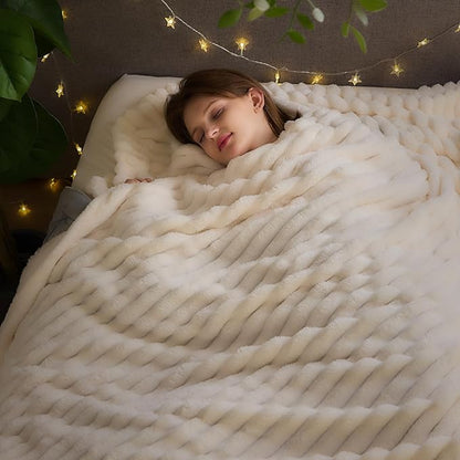 NEWCOSPLAY Super Soft King Blanket Ivory Premium Silky Flannel Fleece 3D Ribbed - Image 2