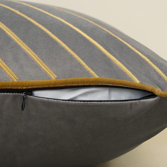 Avigers 12 x 20 Inch Grey Gold Striped Geometric Lines Embroidery Velvet - Image 5