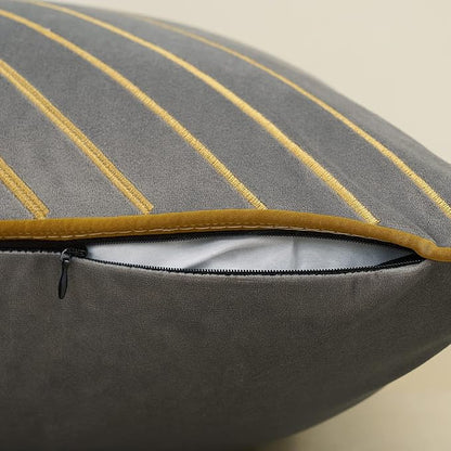 Avigers 20 x 20 Inch Grey Gold Striped Geometric Lines Embroidery Velvet - Image 5