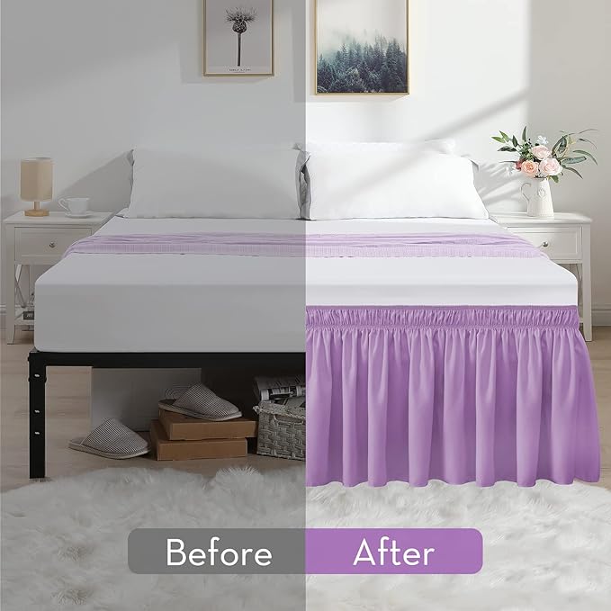 RIMELA Lilac Purple Bed Skirt Queen Size 15 Inch Drop Elastic Wrap Around Dust - Image 3