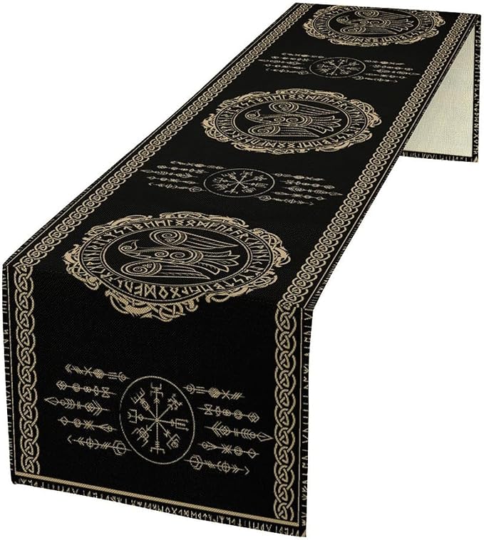 Nordic Vikings Table Runner, Viking Raven Rune Mythology Aesthetic Table Runner by Unknown
