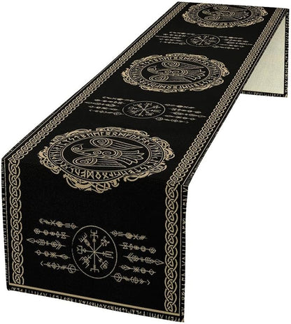 Nordic Vikings Table Runner, Viking Raven Rune Mythology Aesthetic Table Runner by Unknown