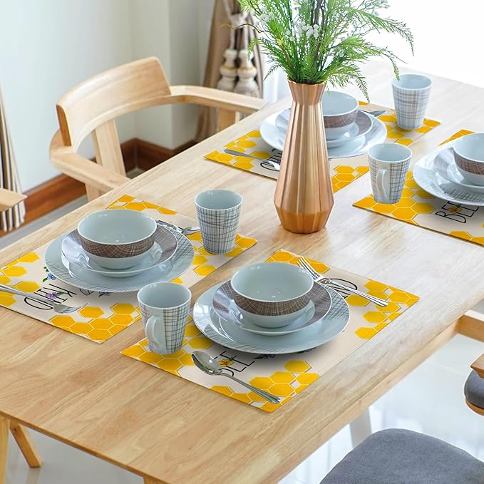 Giwawa Bee Kind Placemats Set of 4-12"x18" Summer Bees Floral Linen Place Mat- - Image 7