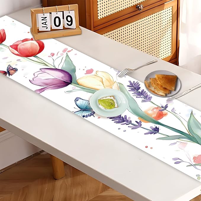 Elegant Hand-Painted Watercolor Floral Table Runner – Spring Tulip & Lavender - Image 7