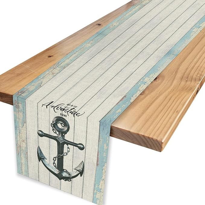 Nautical Anchor Table Runner, Retro Coastal Ship Anchor Wooden Plank Vintage - Image 4