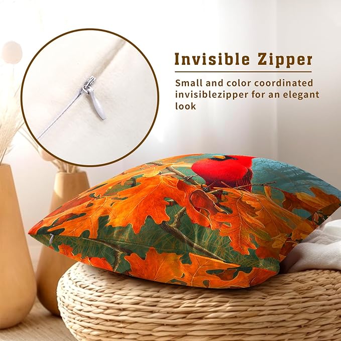 Fall Cardinal Throw Pillow Covers 22x22 Inch Set of 2 Red Bird Maple Leaves - Image 4